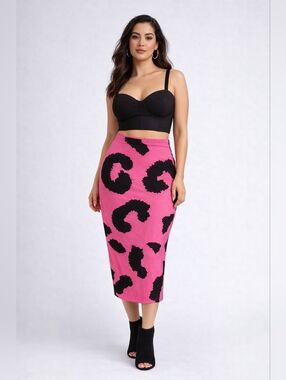 Pink & Black Leopard Print Midi Skirt | Bodycon High Waist
